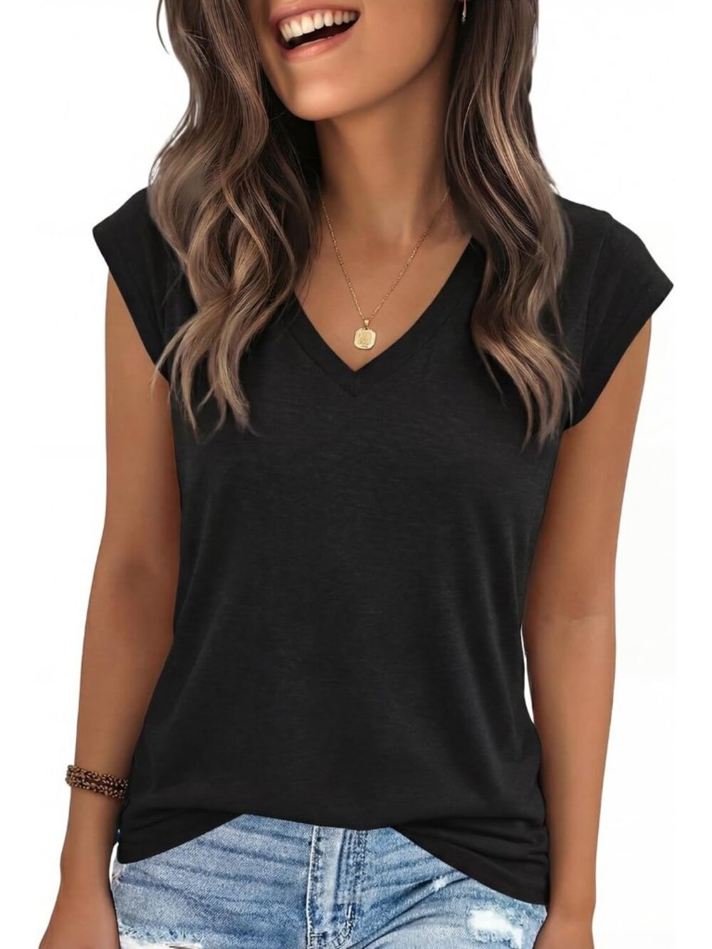 Women Black Cap Sleeve T Shirt V Neck Cute Trendy Casual Summer Comfortable Top